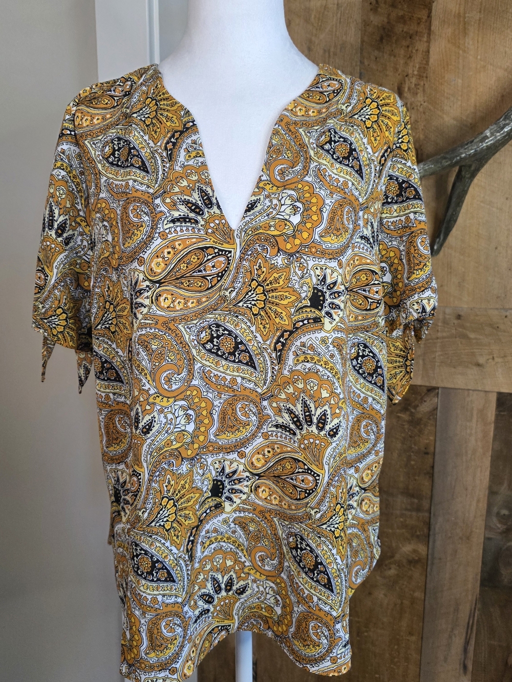 Michael Kors Paisley Print Tie Sleeve Blouse Tunic Top Mustard Size L